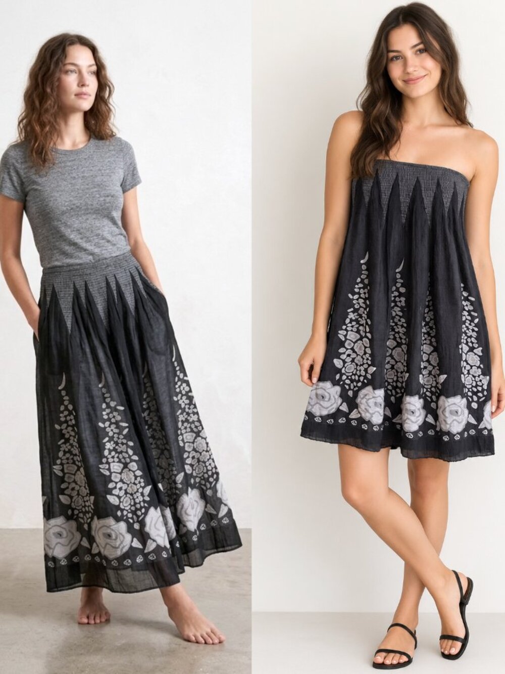 LAPIS Anthropologie Black/Gray Floral Maxi Skirt/Strapless Dress OS (One Size)